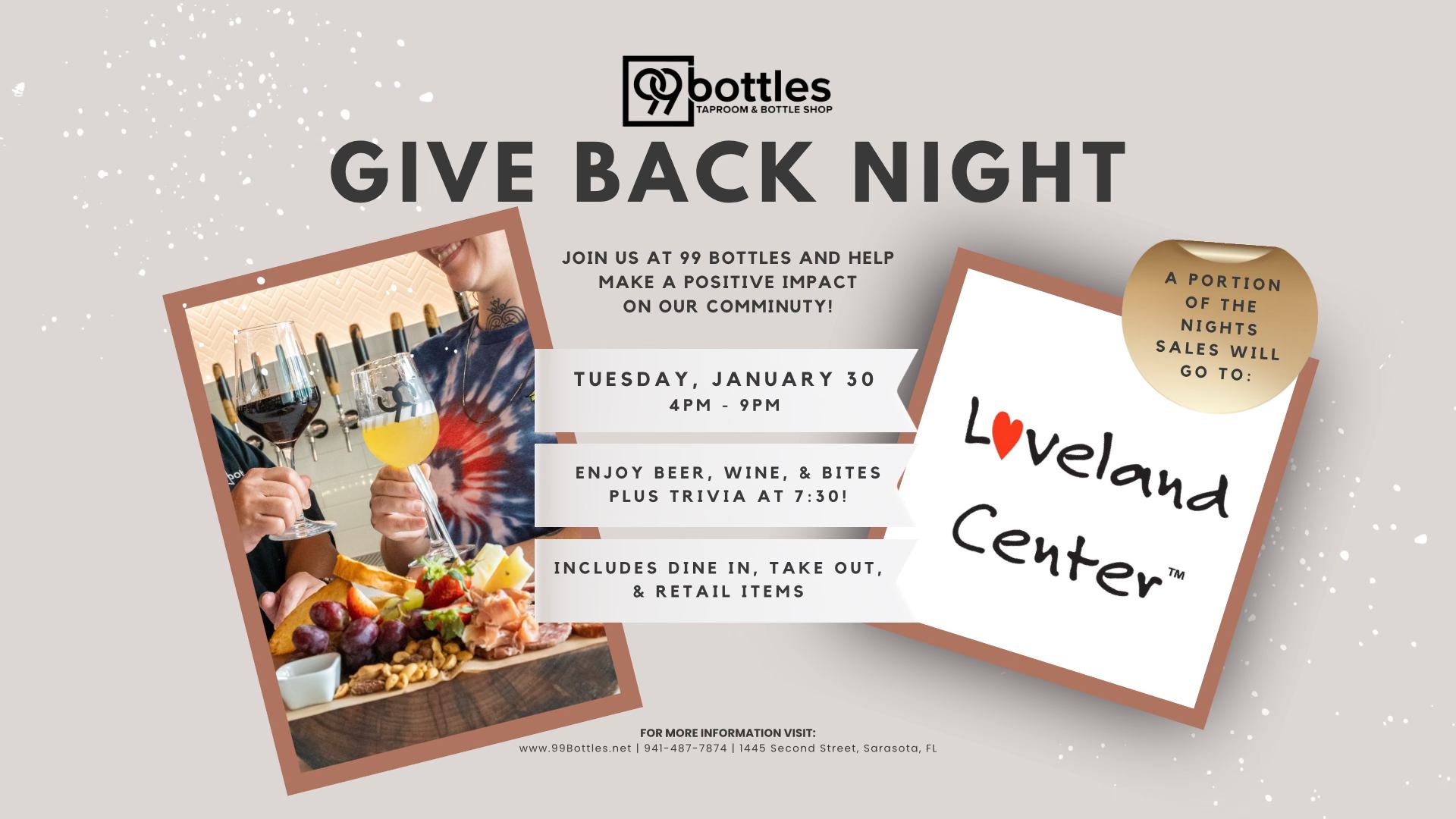 Graphic with information about 99 Bottles Give Back Night for the Loveland Center